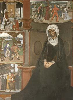 Mary with depictions of the Seven Sorrows, painting by Powys Evans.