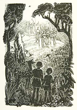 Illustration showing children watching angels singing.